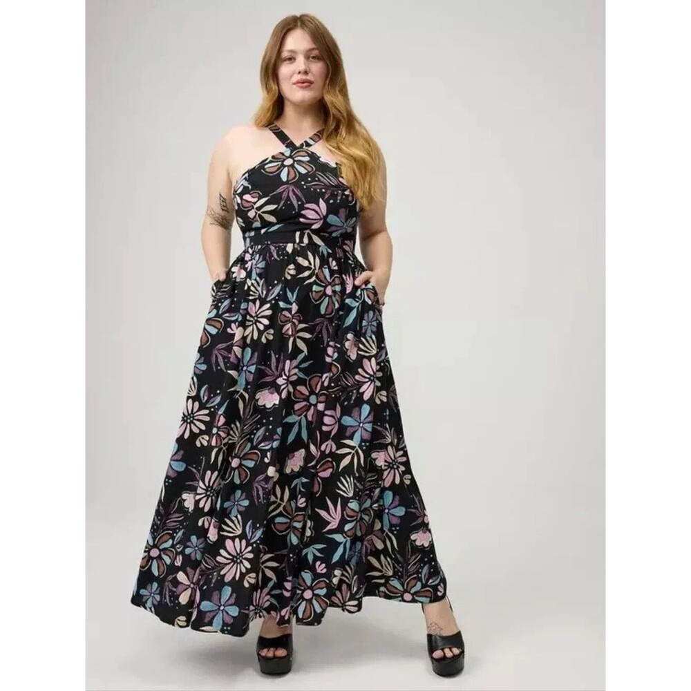 Torrid Cydnee Floral Doodles Black Halter Maxi Dress Women's Plus Size 2X NEW